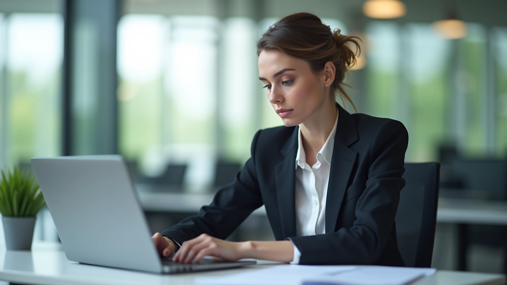 Geschäftsfrau in Büroumgebung, konzentrierter Ausdruck, mit Laptop und Dokumenten am Schreibtisch