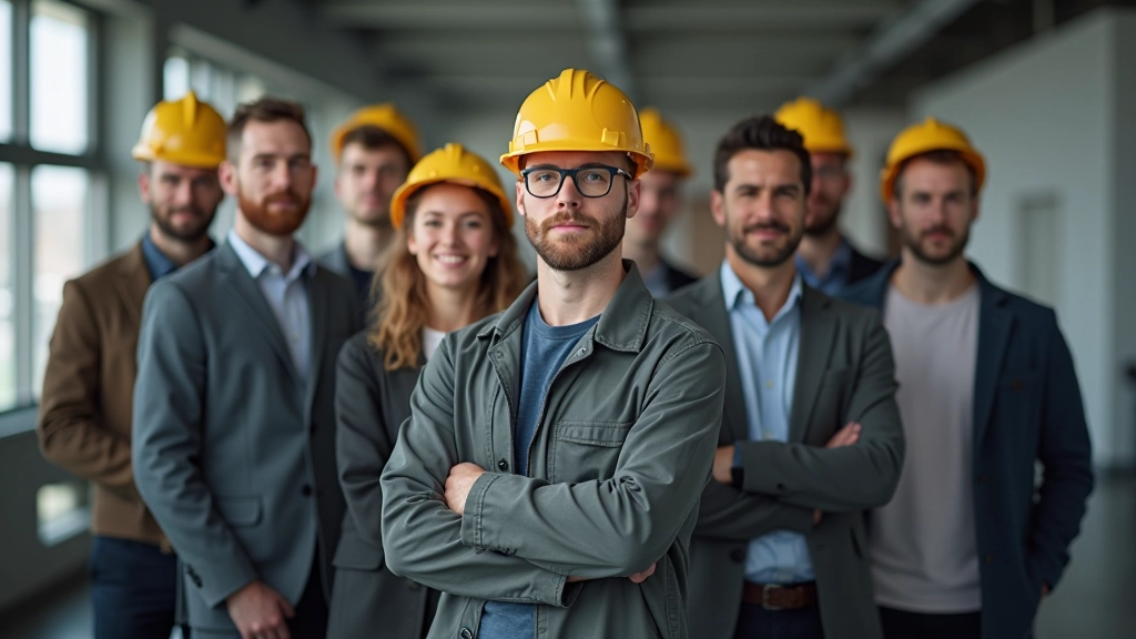Diverse Arbeitnehmer verschiedener Branchen arbeiten zusammen in modernem Büro und Werkstatt
