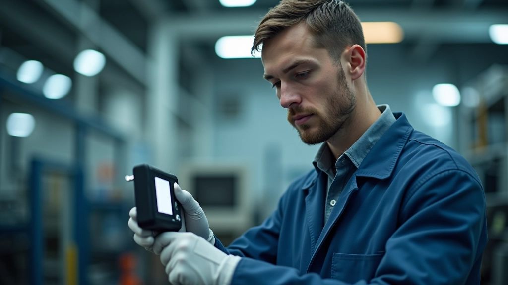 Arbeiter in moderner Fabrik bei Qualitätskontrolle mit digitalen Instrumenten