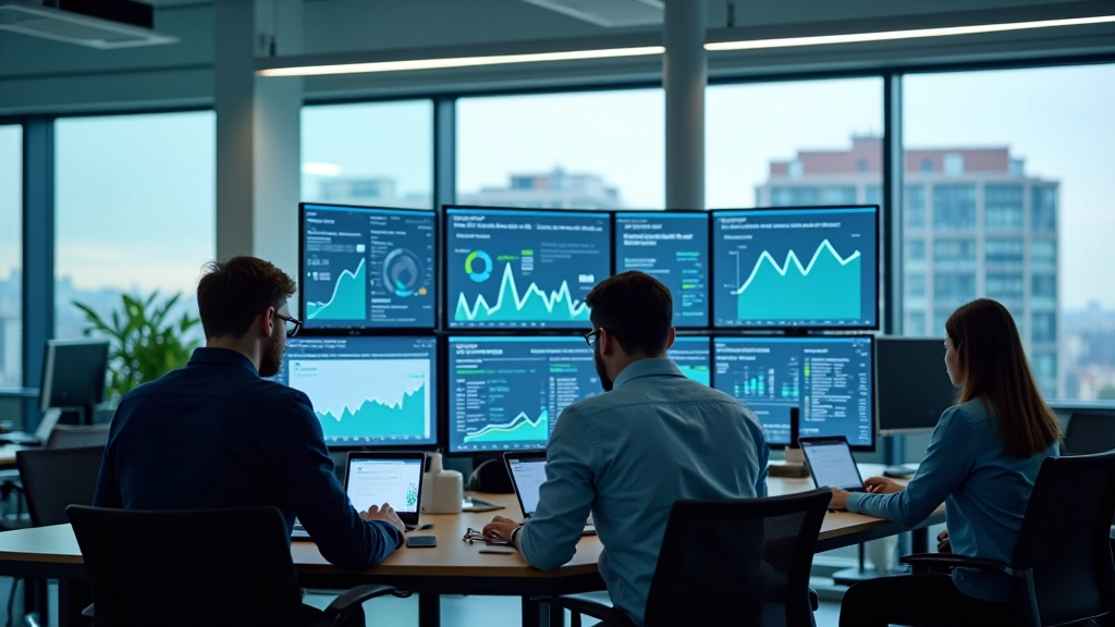 Moderne Büroumgebung mit Arbeitern und digitalen Grafiken zur Arbeitsmarktanalyse