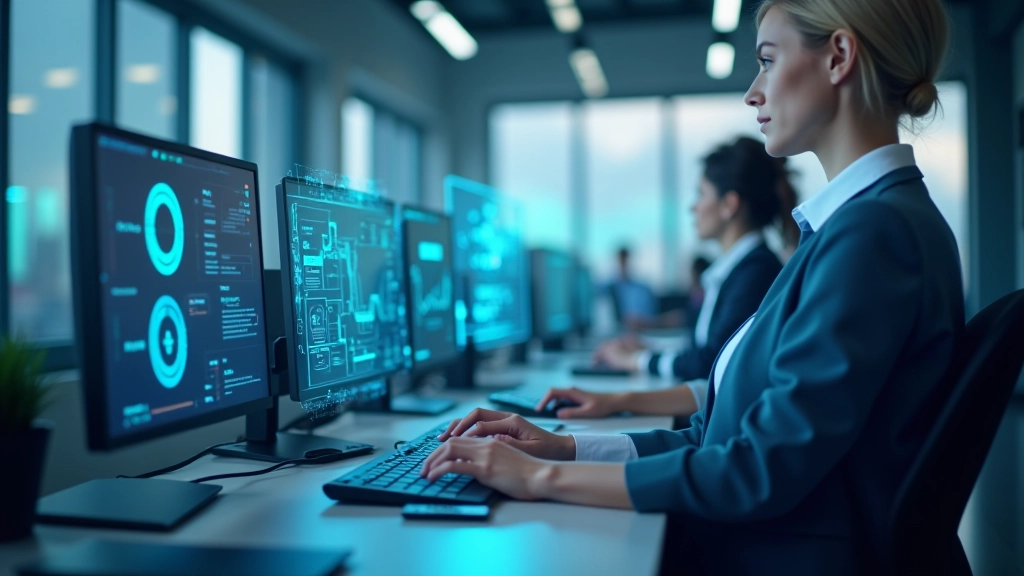 Zukunftsorientiertes Bild von modernen Arbeitsplätzen mit KI-Integration und Automatisierung