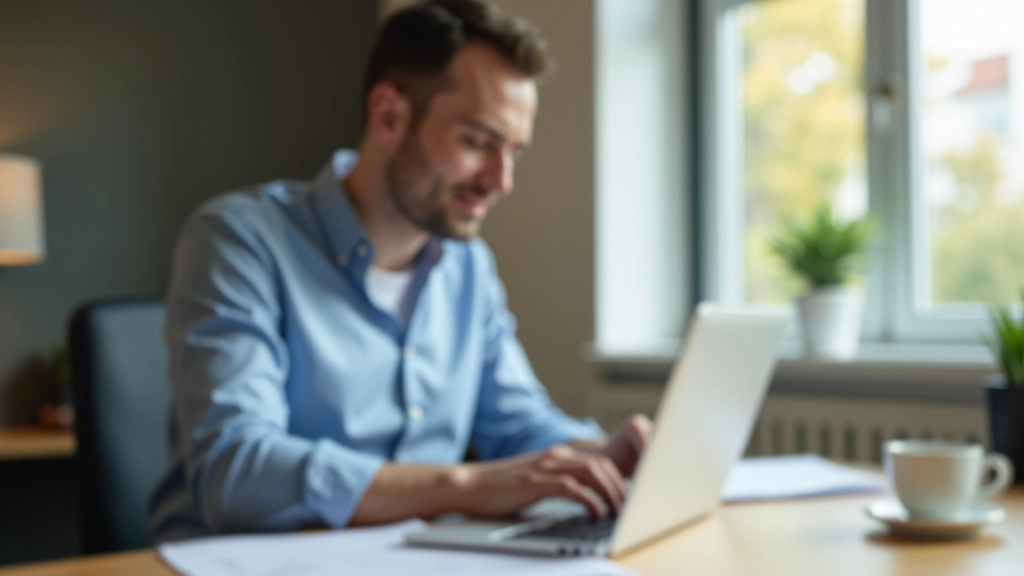 Person arbeitet konzentriert am Laptop mit Finanzunterlagen und Kaffeetasse auf dem Schreibtisch