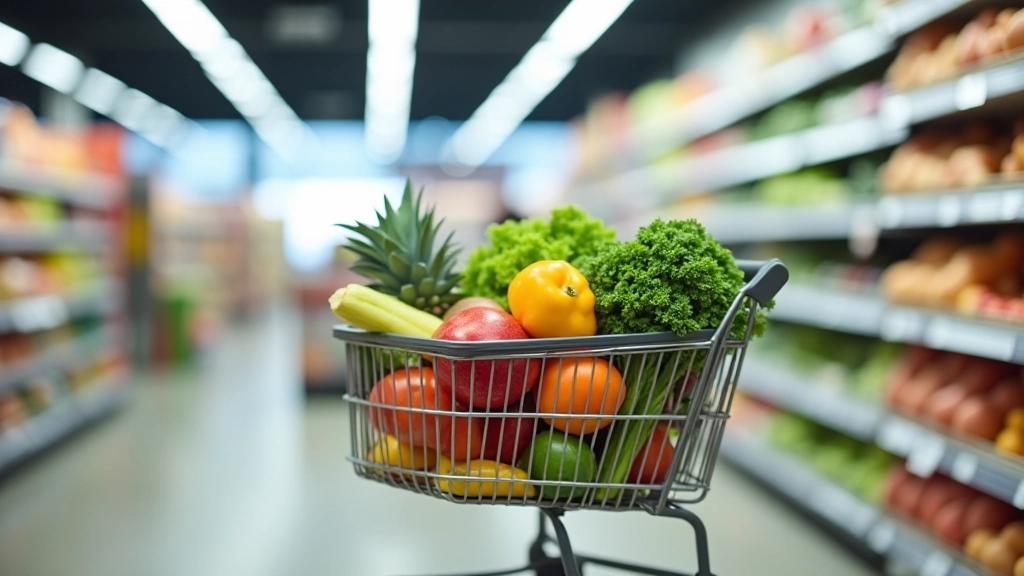 Einkaufskorb mit Lebensmitteln und Preisschildern in modernem Supermarkt